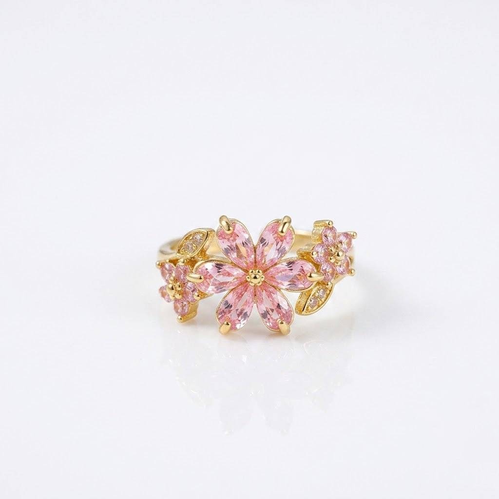Elegant Pink Zircon Flower Open Ring 18K Gold Plated Copper Floral Adjustable Ring Sparkling Cherry Blossom Statement Ring Gift for Women