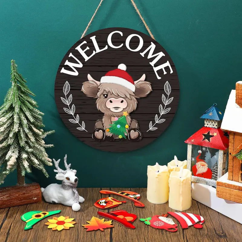 35pcs Highland Cow Sign Interchangeable Welcome Sign with Magnet Detachable Hats Accessories Cute Gnome Wooden Sign Hanging for Halloween Holiday Seasonal Decorations Birthday Party Home Wall Office Living Room Garden Farmhouse Porch