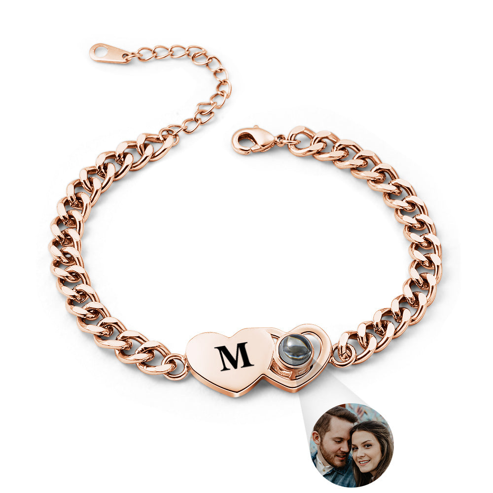 Custom Bracelet Personalized Photo Projection Bracelet Heart-Shaped Cuban Chain Bracelet Best Christmas Gift For Couples