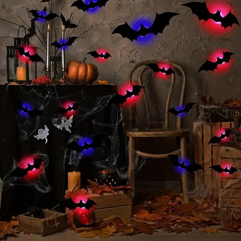 3D Bat Light Design LED Decorations 12pcs Set Spooky Ornaments for Home Party Festival Halloween Easy Install Wall Stickers Smooth Application - Decorative