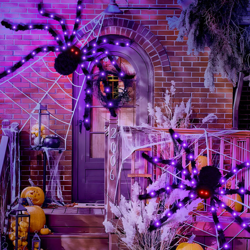 Lighted Halloween Triangular Spider Web with Giant Hairy Spider LED Purple Orange Glowing Web Outdoor Yard Decor Giant Plush Spider Haunted House Prop