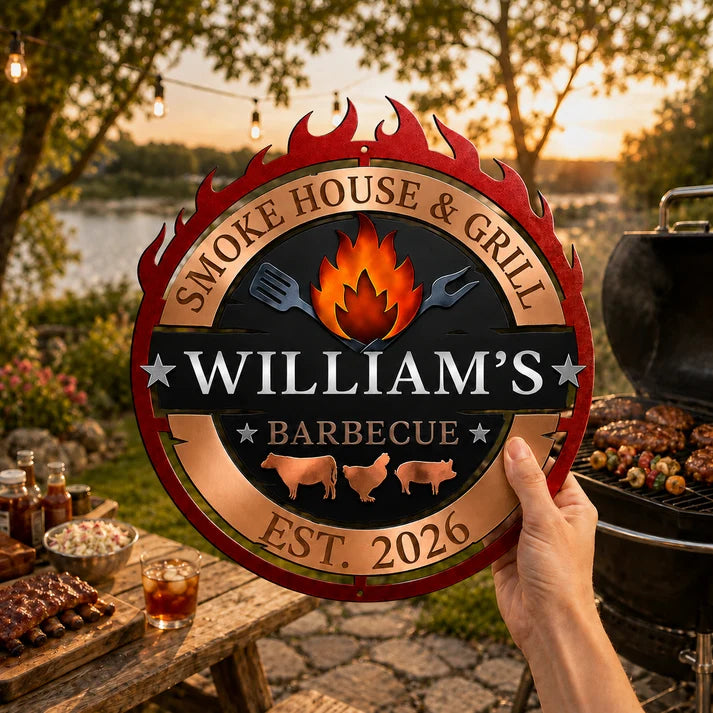 Rustic Flame Grill Sign for Men Who Cook – Personalized Outdoor Wall Art for Backyard Barbecue Lovers, Man Cave or Garage Decor