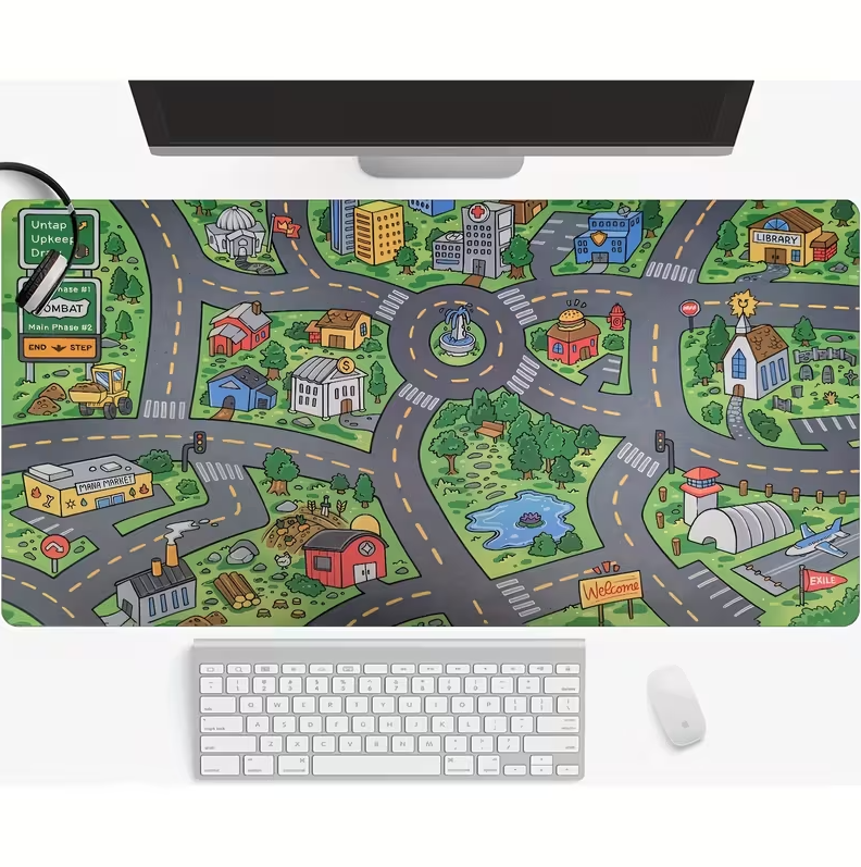 1pc Cartoon City Street Large Mouse Pad - Ultra-Smooth Desk Mat with Stitched Edges, Non-Slip Rubber Base, Vibrant Urban Map Design for Office And Home Workspace Setup
