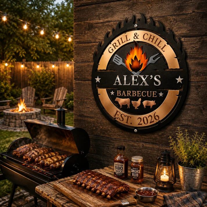 Rustic Flame Grill Sign for Men Who Cook – Personalized Outdoor Wall Art for Backyard Barbecue Lovers, Man Cave or Garage Decor