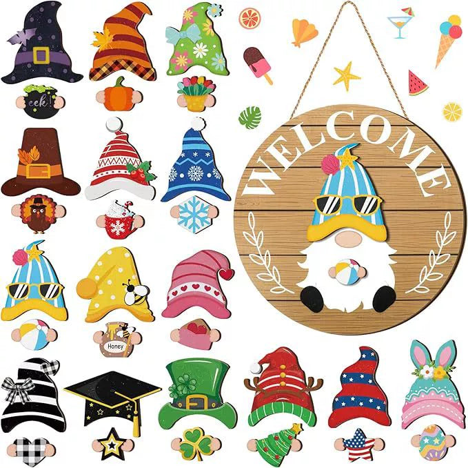 35pcs Highland Cow Sign Interchangeable Welcome Sign with Magnet Detachable Hats Accessories Cute Gnome Wooden Sign Hanging for Halloween Holiday Seasonal Decorations Birthday Party Home Wall Office Living Room Garden Farmhouse Porch