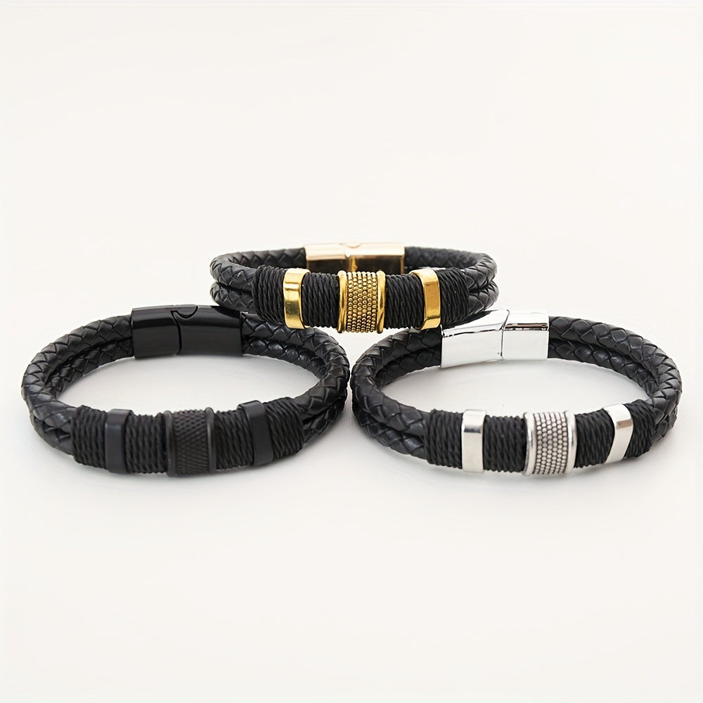 Men's Braided Leather Style Bracelet Handmade Layered Cord Wristband with Textured Metal Clasp Modern Minimalist Casual Jewelry Gift for Men