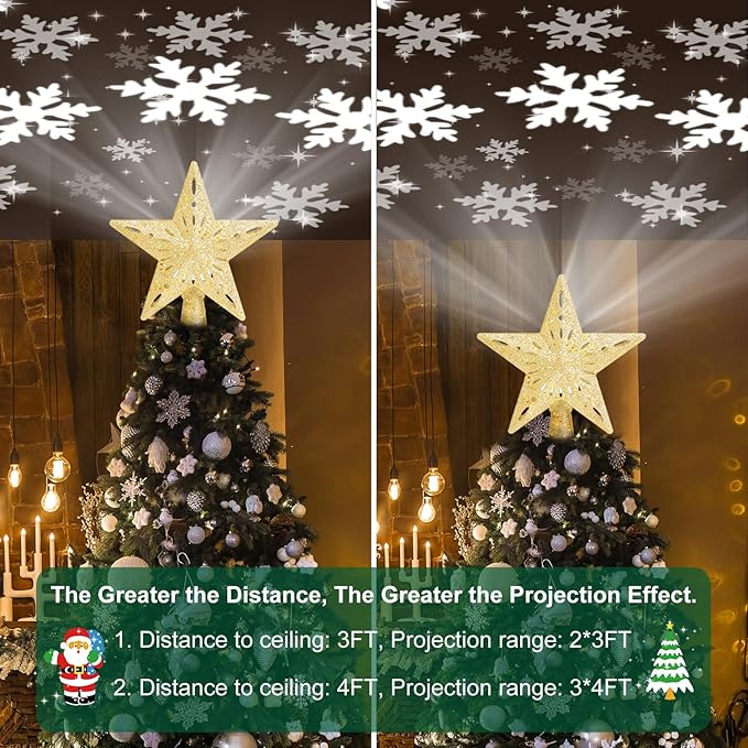Christmas Tree Topper Star Lighted With 6 Projection Modes Christmas Star Tree Topper With Led Rotating Lights Gold Tree Topper 3d Glitter Dynamic Projection For Xmas Party Holiday Decorations