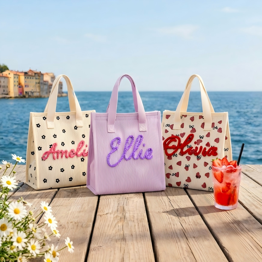 Personalized Corduroy Lunch Bag, Custom Name Soft Insulated Tote for Work School Picnic Back To School Gift For Her