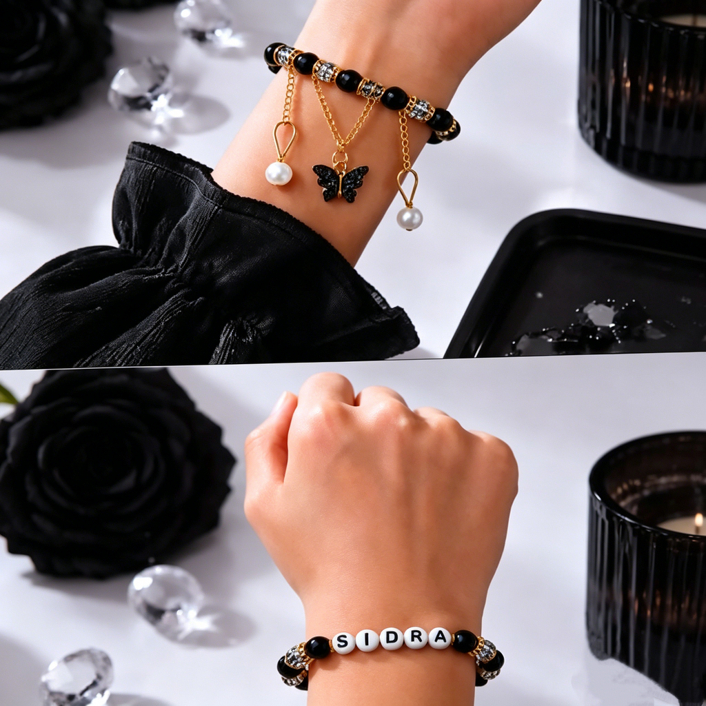 Custom Name Bracelet Beaded Personalized Wristband Gold Tone Butterfly Tassel Pearl Charm ID Alphabet Jewelry Gift for Women