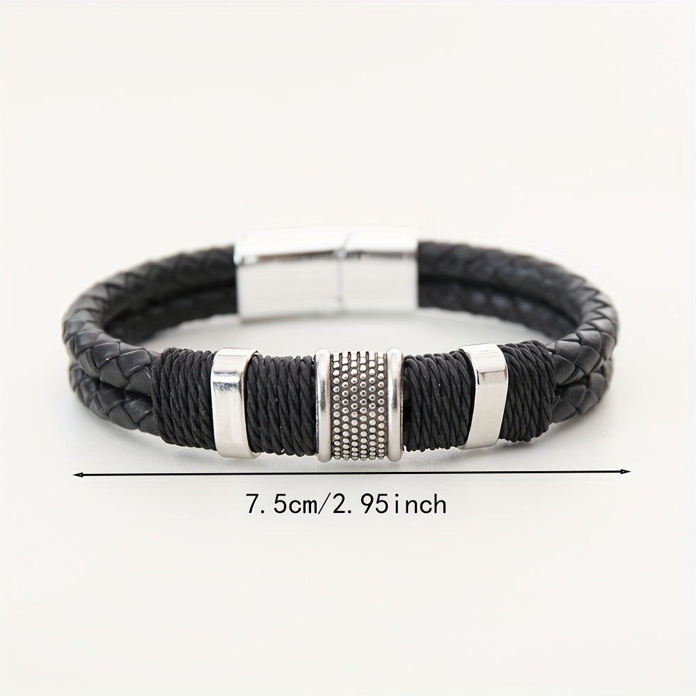 Men's Braided Leather Style Bracelet Handmade Layered Cord Wristband with Textured Metal Clasp Modern Minimalist Casual Jewelry Gift for Men