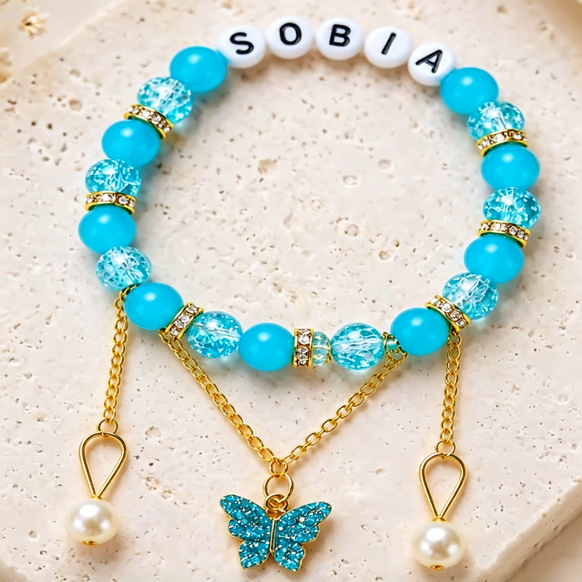 Custom Name Bracelet Beaded Personalized Wristband Gold Tone Butterfly Tassel Pearl Charm ID Alphabet Jewelry Gift for Women