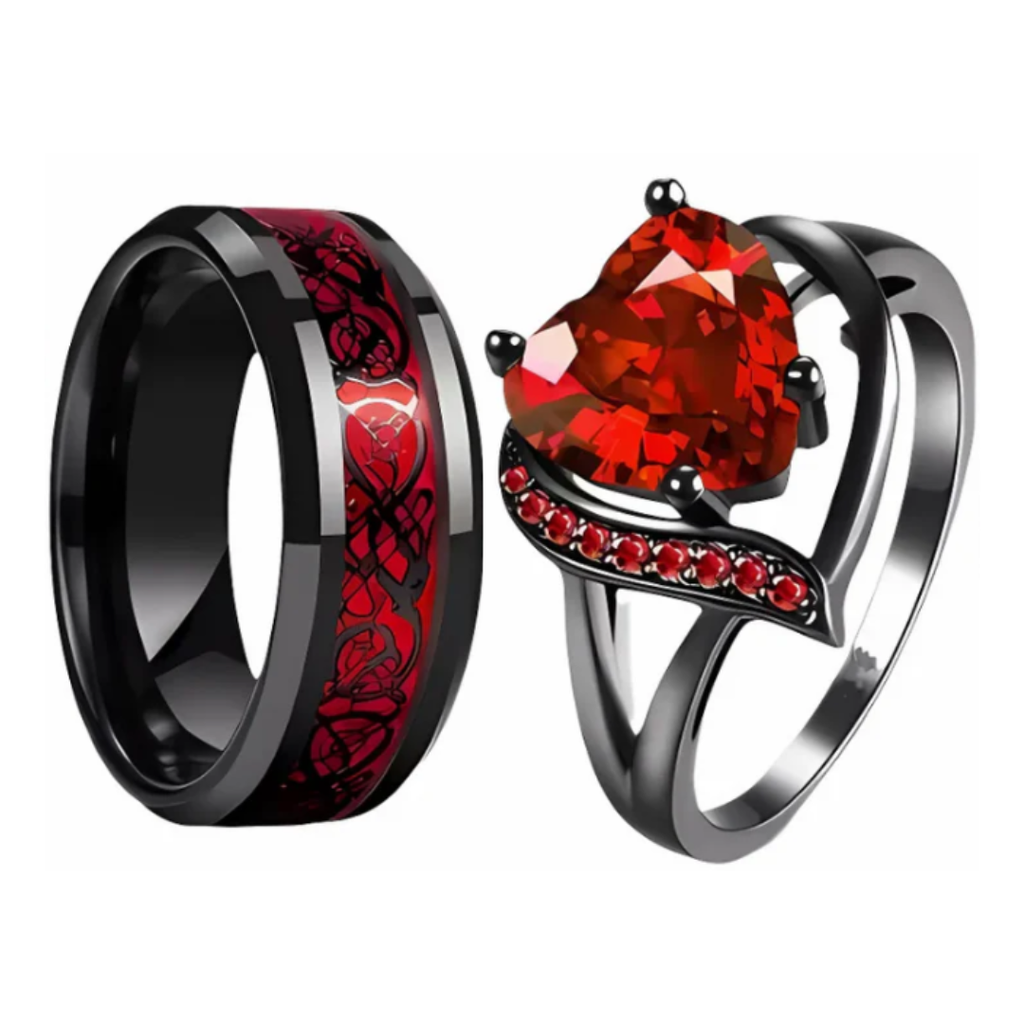 Couple Promise Rings Couple Rings Set Men's Celtic Dragon Stainless Steel Ring & Women's Red Heart Zircon Ring Romantic Gift for Valentine's Day Anniversary