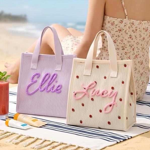 Personalized Corduroy Lunch Bag, Custom Name Soft Insulated Tote for Work School Picnic Back To School Gift For Her
