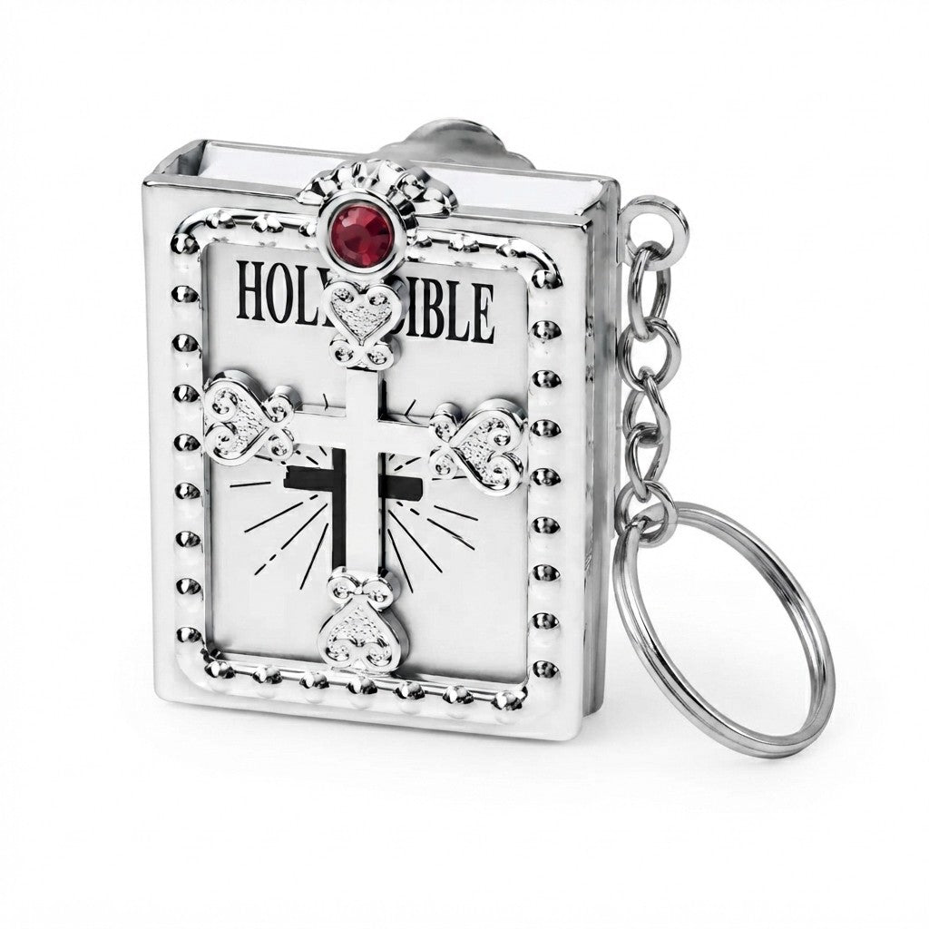 **Mini Bible Keychain – Cross Metal Book Frame with Real Readable Mini Bible, Pocket Scripture Key Ring, Religious Keepsake Gift**