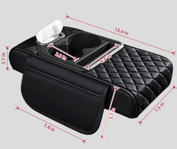 Custom Name 5 in 1 Nappa Leather Console Armrest Cover, Black | Built-in cup holder, tissue slot, phone holder & 2 storage pockets, practical car accessories fit SUV sedan truck