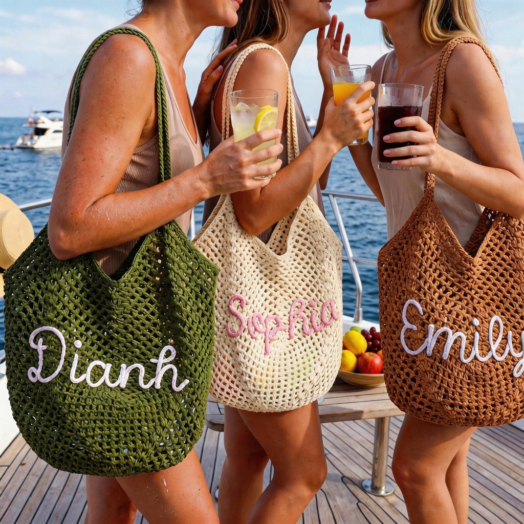 Personalized Crochet Beach Bag with Custom Name Monogrammed Straw Style Mesh Bag for Summer Vacation Hand Knit Name Tote Bag