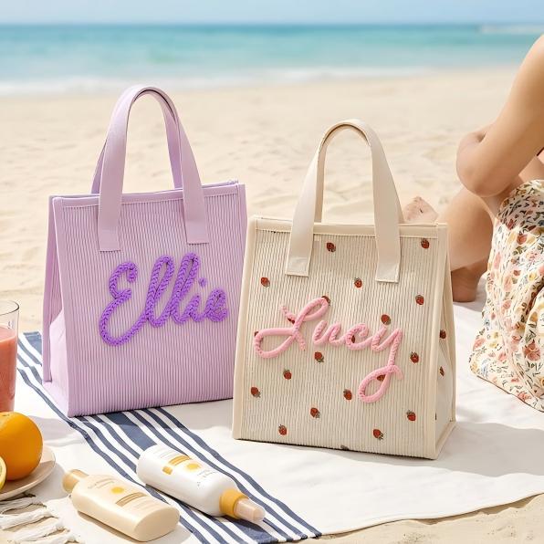 Personalized Corduroy Lunch Bag, Custom Name Soft Insulated Tote for Work School Picnic Back To School Gift For Her