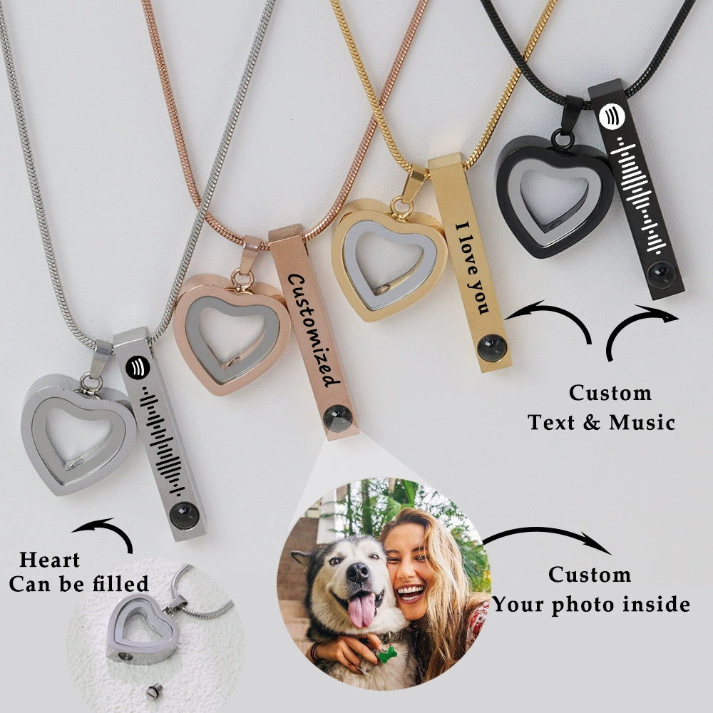 Pet Ashes Projection Necklace Spotify Code Necklace Glass Pendant Heart-Shaped Urn Necklace Custom Photo Stainless Steel Necklace For Pet Lover