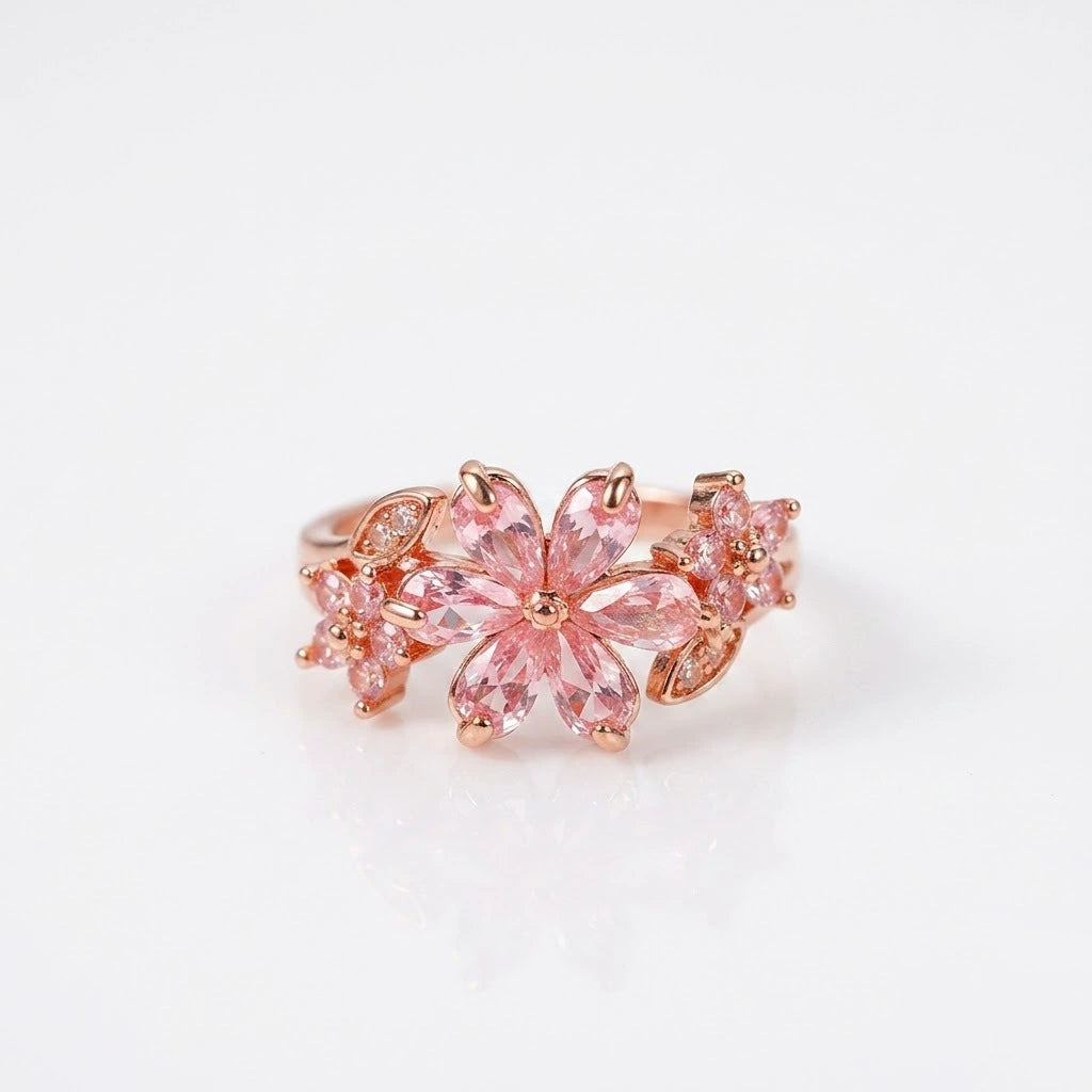 Elegant Pink Zircon Flower Open Ring 18K Gold Plated Copper Floral Adjustable Ring Sparkling Cherry Blossom Statement Ring Gift for Women