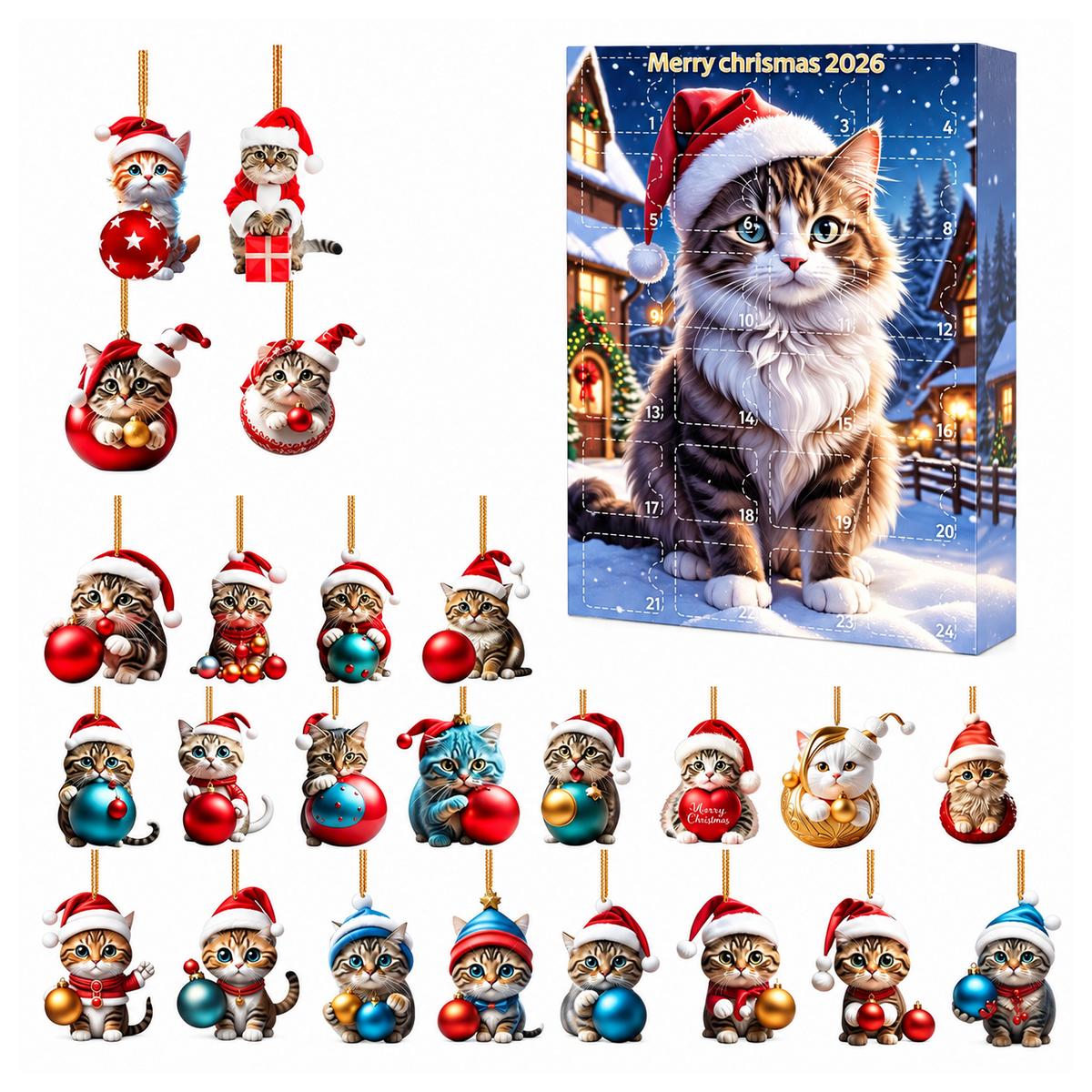 Cute Kitten Christmas Countdown Calendar – 24-Piece Acrylic Ornament Set for Holiday Tree Decor & Gifts