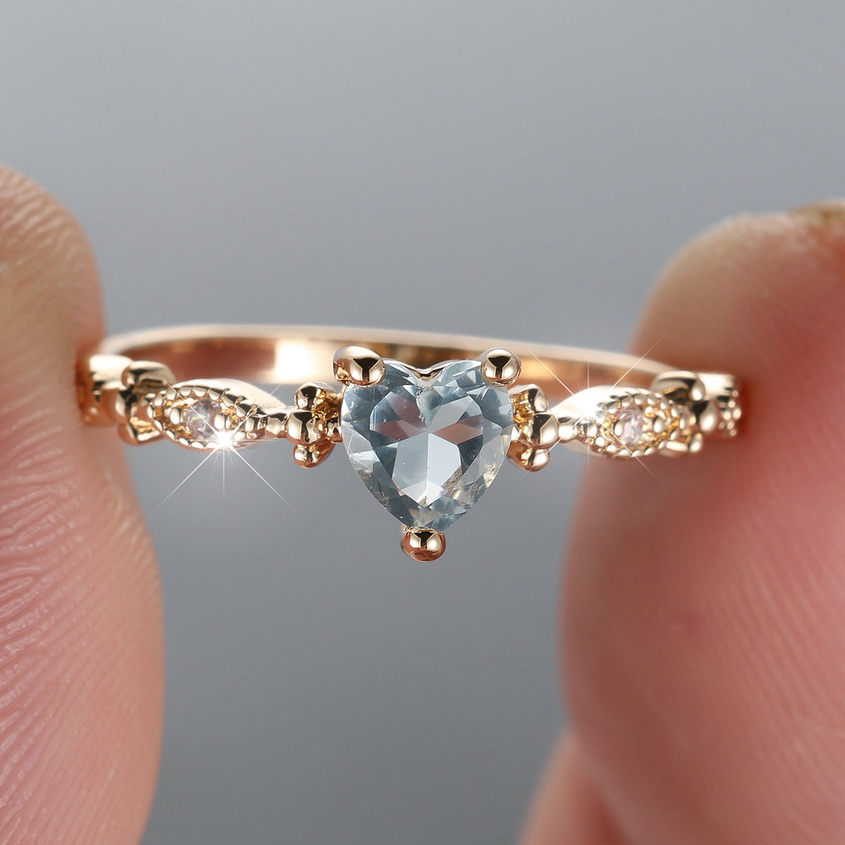 Engravable Ring Heart Gemstone Gold-Tone Dainty Band Filigree Vintage Style Promise Ring Personalized Romantic Jewelry Gift for Her