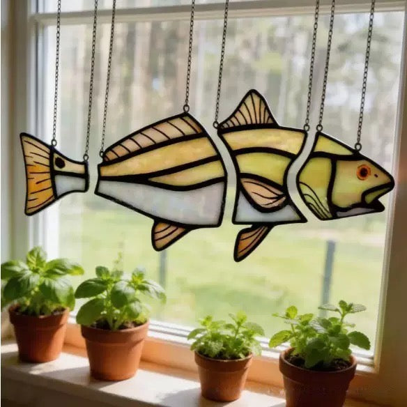 Handcrafted Stained Glass Red Drum Fish Hanging Suncatcher Coastal Art Decor Gift