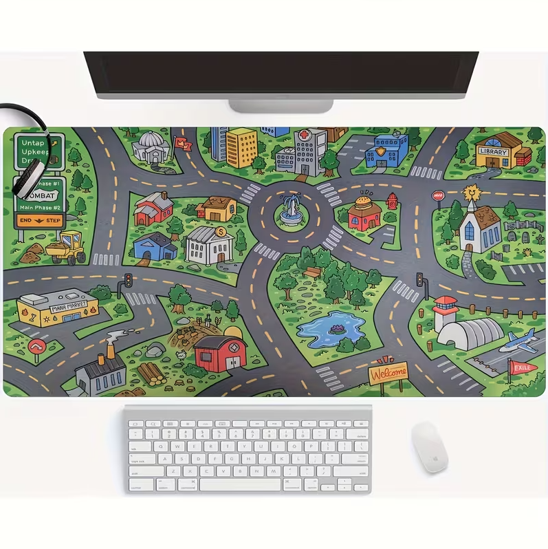 1pc Cartoon City Street Large Mouse Pad - Ultra-Smooth Desk Mat with Stitched Edges, Non-Slip Rubber Base, Vibrant Urban Map Design for Office And Home Workspace Setup