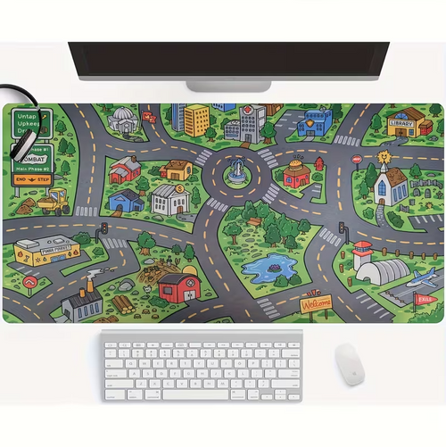 1pc Cartoon City Street Large Mouse Pad - Ultra-Smooth Desk Mat with Stitched Edges, Non-Slip Rubber Base, Vibrant Urban Map Design for Office And Home Workspace Setup