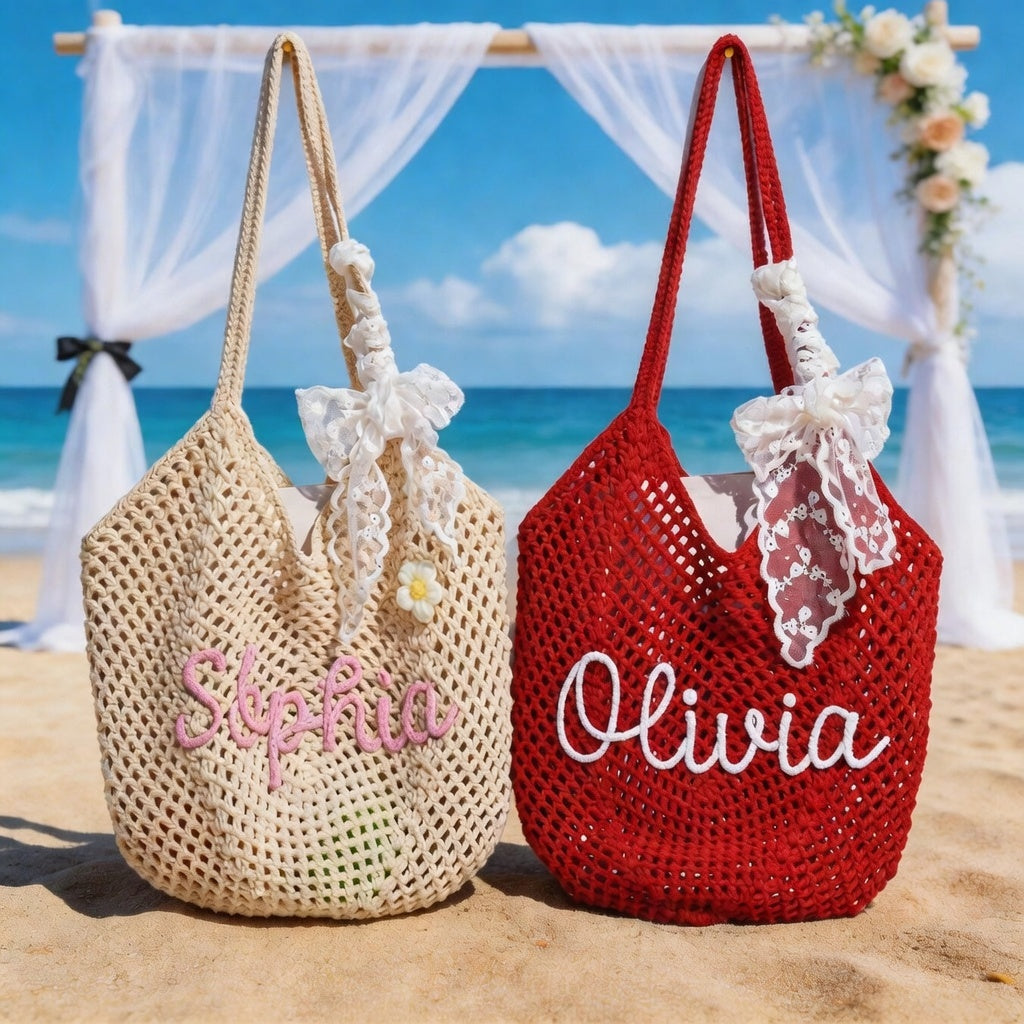 Personalized Crochet Beach Bag with Custom Name Monogrammed Straw Style Mesh Bag for Summer Vacation Hand Knit Name Tote Bag