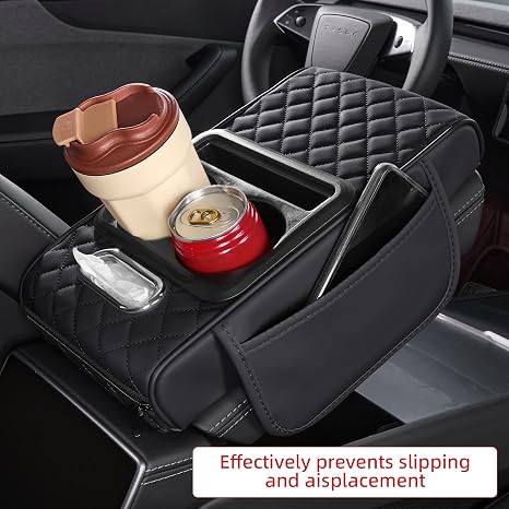 Custom Name 5 in 1 Nappa Leather Console Armrest Cover, Black | Built-in cup holder, tissue slot, phone holder & 2 storage pockets, practical car accessories fit SUV sedan truck