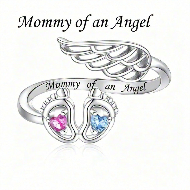 Mommy of an Angel Remembrance Ring Adjustable Angel Wing Baby Feet Heart Ring Miscarriage Infant Loss Memorial Jewelry Gift for Grieving Mothers