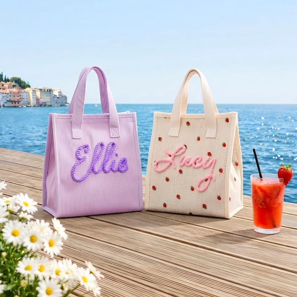 Personalized Corduroy Lunch Bag, Custom Name Soft Insulated Tote for Work School Picnic Back To School Gift For Her