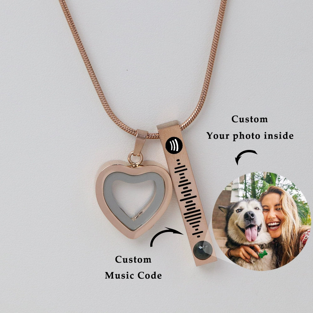 Pet Ashes Projection Necklace Spotify Code Necklace Glass Pendant Heart-Shaped Urn Necklace Custom Photo Stainless Steel Necklace For Pet Lover