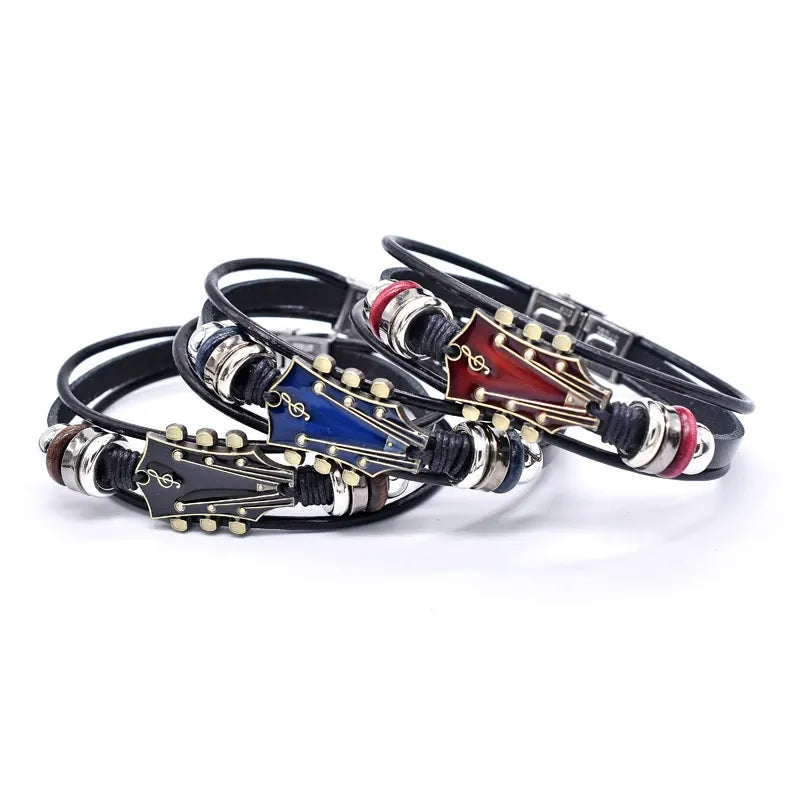 Vintage Leather Guitar Bracelet, Men's Bracelet, Retro Music-Inspired Wristband Accessory, Gift for Music Lover