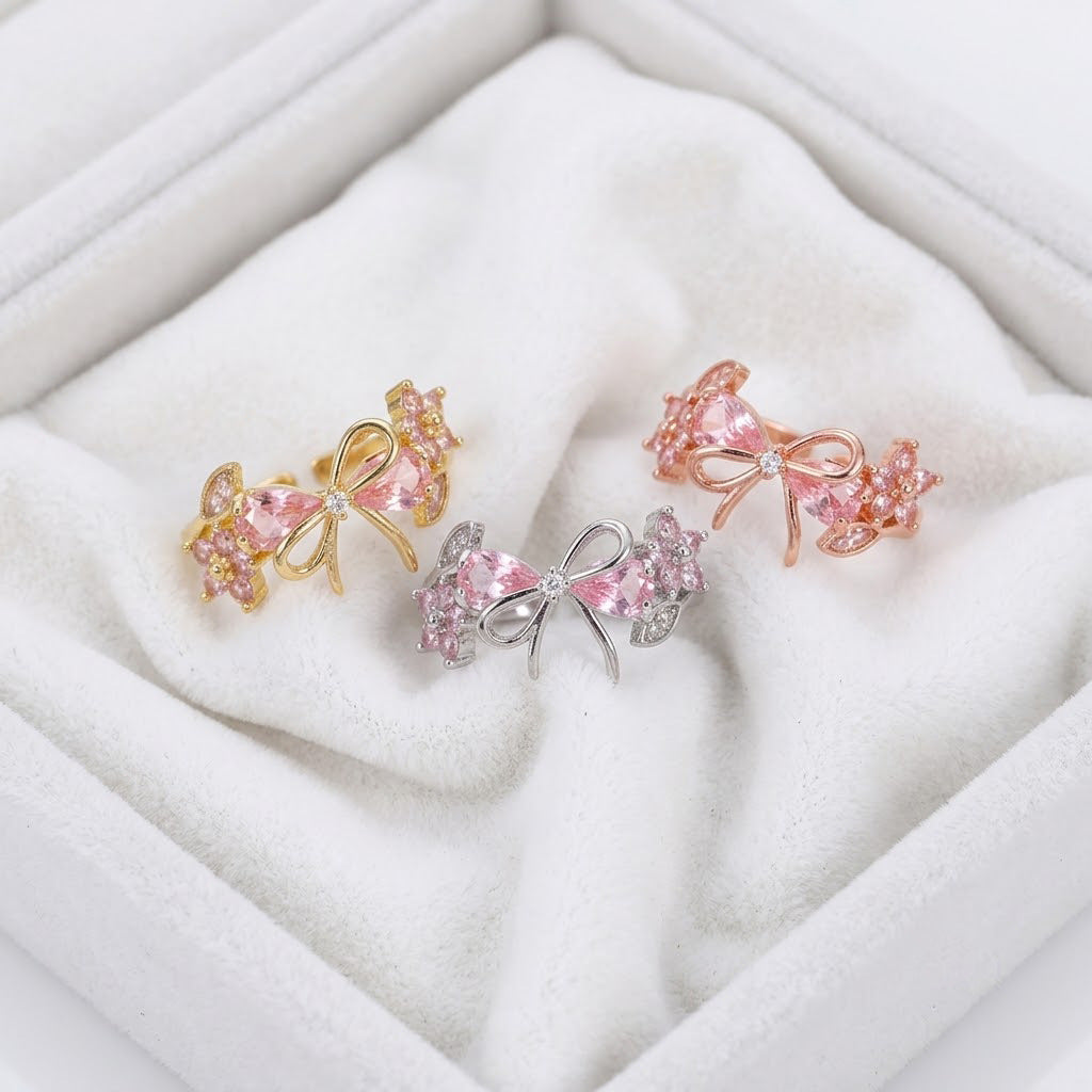 Elegant Pink Zircon Flower Open Ring 18K Gold Plated Copper Floral Adjustable Ring Sparkling Cherry Blossom Statement Ring Gift for Women