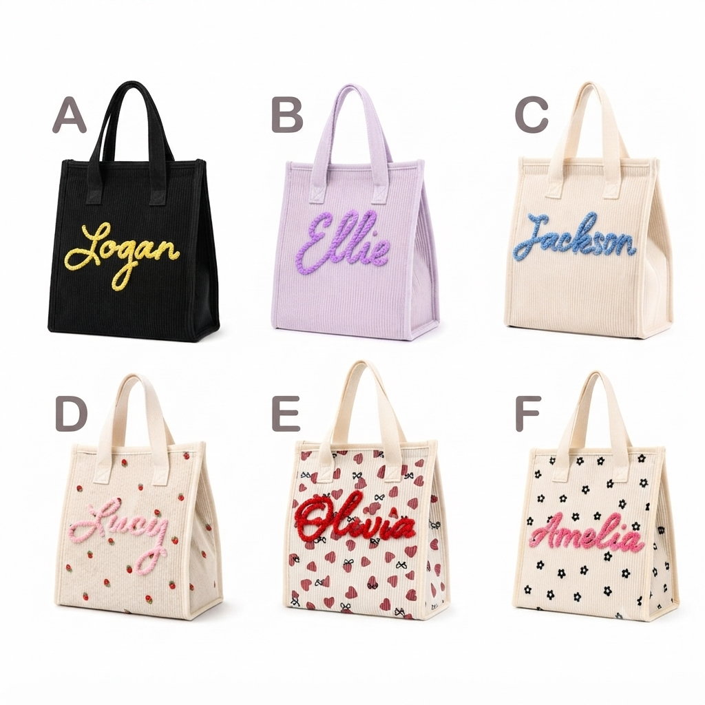 Personalized Corduroy Lunch Bag, Custom Name Soft Insulated Tote for Work School Picnic Back To School Gift For Her