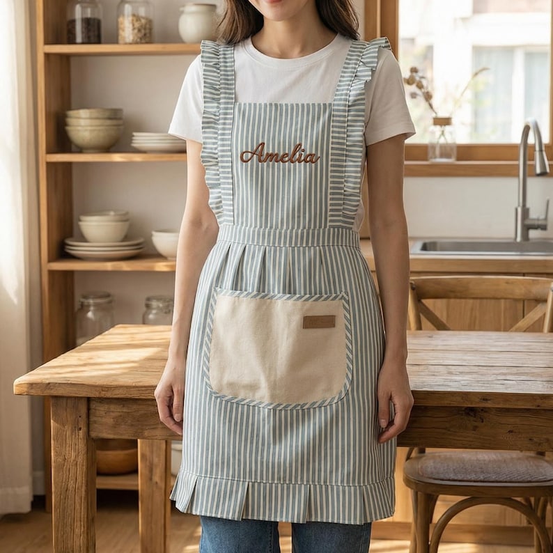 Personalized Striped Apron with Pockets – Custom Embroidered Name Apron with Hand Towel, Kitchen Cooking Apron, Adjustable Chef Apron & Gift for Home Cooks