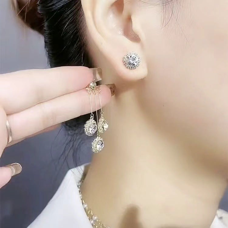2-in-1 French Hepburn Crystal Tassel Earrings Convertible Sparkling Cubic Zirconia Studs with Detachable Long Drop Fringe Korean Style Statement Earrings for Women
