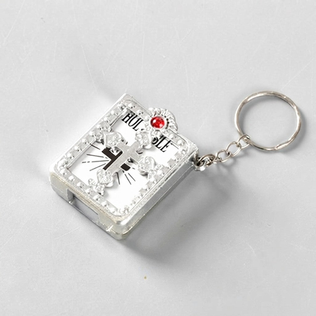**Mini Bible Keychain – Cross Metal Book Frame with Real Readable Mini Bible, Pocket Scripture Key Ring, Religious Keepsake Gift**