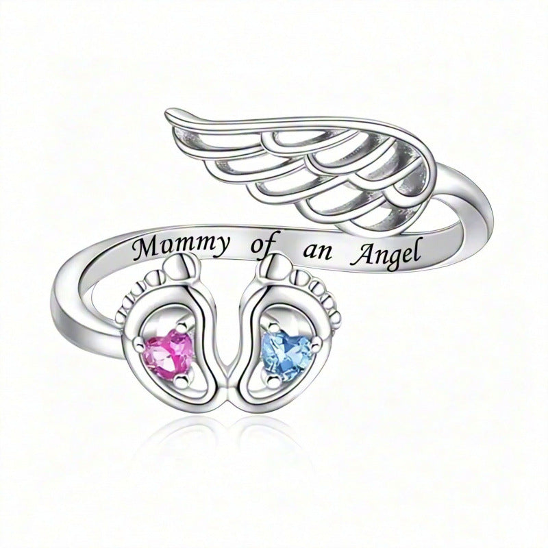 Mommy of an Angel Remembrance Ring Adjustable Angel Wing Baby Feet Heart Ring Miscarriage Infant Loss Memorial Jewelry Gift for Grieving Mothers