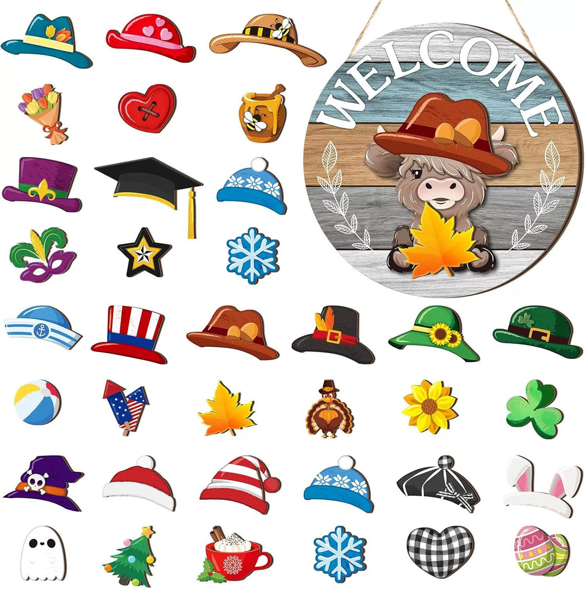 35pcs Highland Cow Sign Interchangeable Welcome Sign with Magnet Detachable Hats Accessories Cute Gnome Wooden Sign Hanging for Halloween Holiday Seasonal Decorations Birthday Party Home Wall Office Living Room Garden Farmhouse Porch