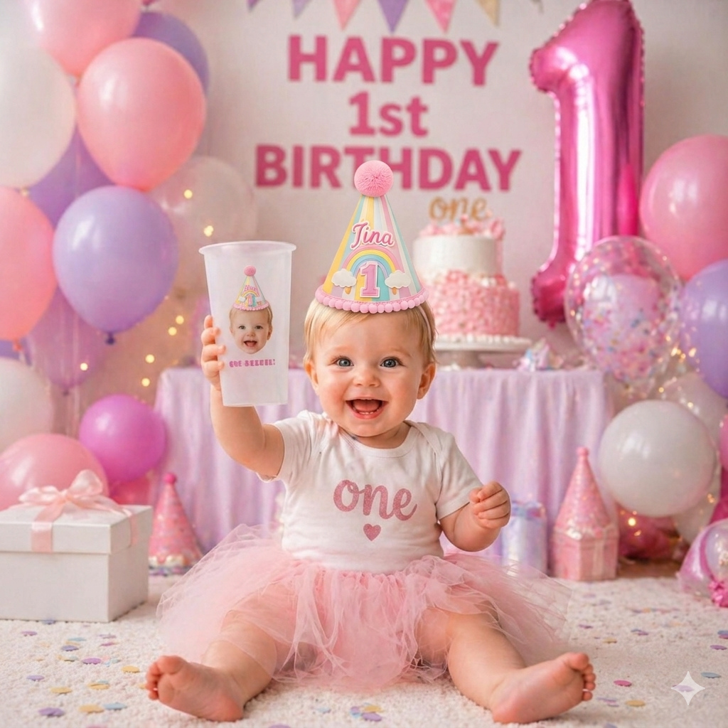 Personalized Plastic Cups with Faces | Personalized First Birthday Party Favors
