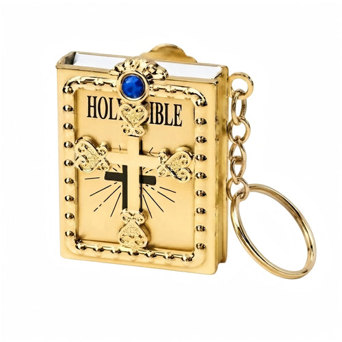 **Mini Bible Keychain – Cross Metal Book Frame with Real Readable Mini Bible, Pocket Scripture Key Ring, Religious Keepsake Gift**