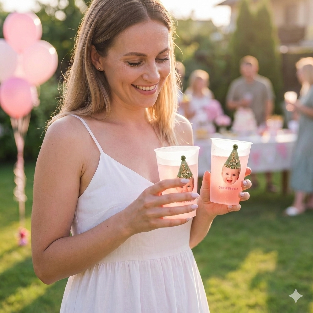 Personalized Plastic Cups with Faces | Personalized First Birthday Party Favors