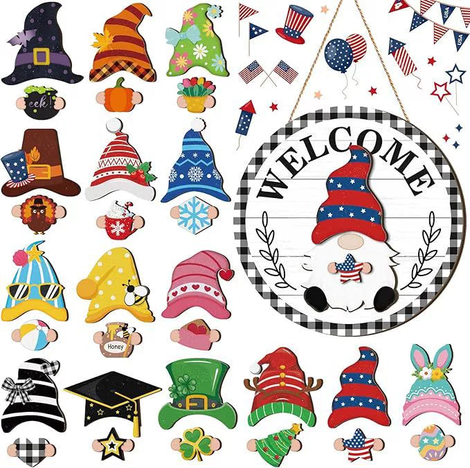 35pcs Highland Cow Sign Interchangeable Welcome Sign with Magnet Detachable Hats Accessories Cute Gnome Wooden Sign Hanging for Halloween Holiday Seasonal Decorations Birthday Party Home Wall Office Living Room Garden Farmhouse Porch