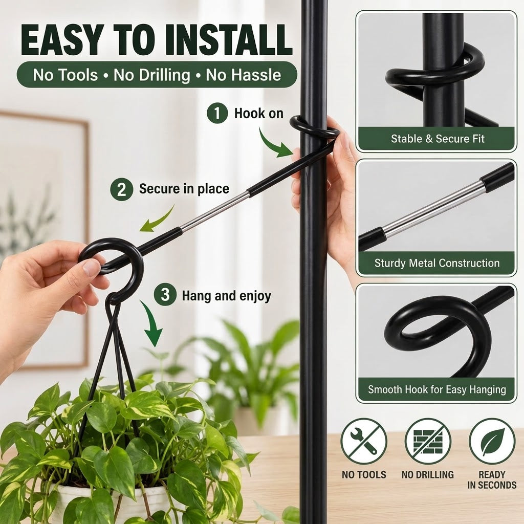 Plant Pole Hanging Hook No-Drill Extension Arm Hook Metal Plant Hanger Holder for Tension Rods Indoor Hanging Planters Macrame Baskets