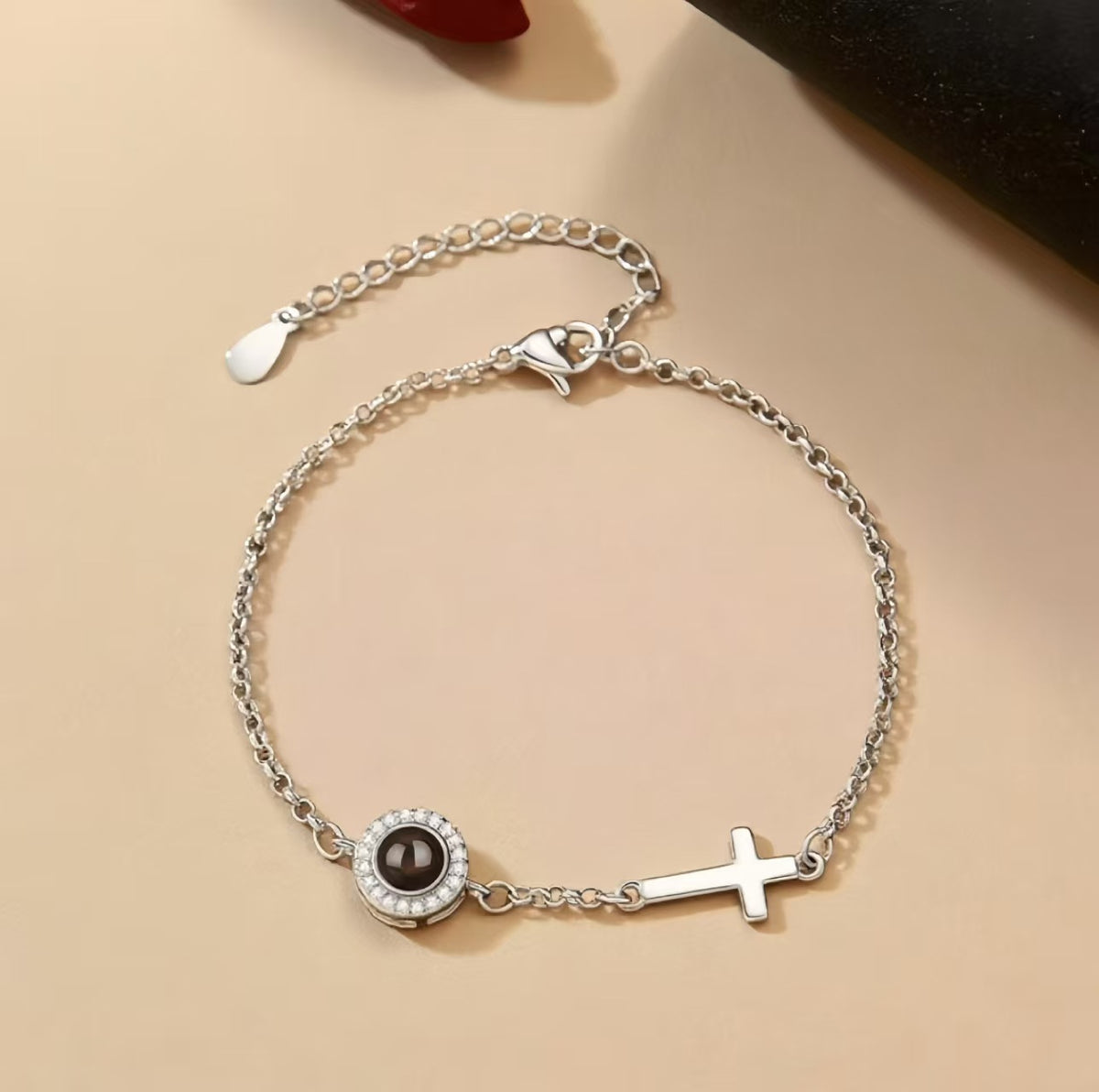 Personalized Photo Projection Bracelet with Cross, Custom Religious Jewelry, Christian Memorial Gift for Her