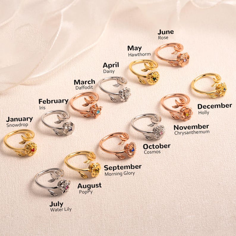 Personalized Birth Flower Fidget Spinner Ring: Anxiety Jewelry, Valentine's Day Gift, Mother's Day Gifts