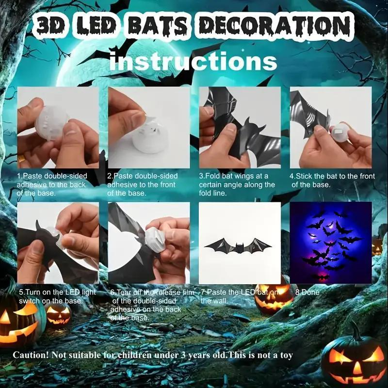 3D Bat Light Design LED Decorations 12pcs Set Spooky Ornaments for Home Party Festival Halloween Easy Install Wall Stickers Smooth Application - Decorative
