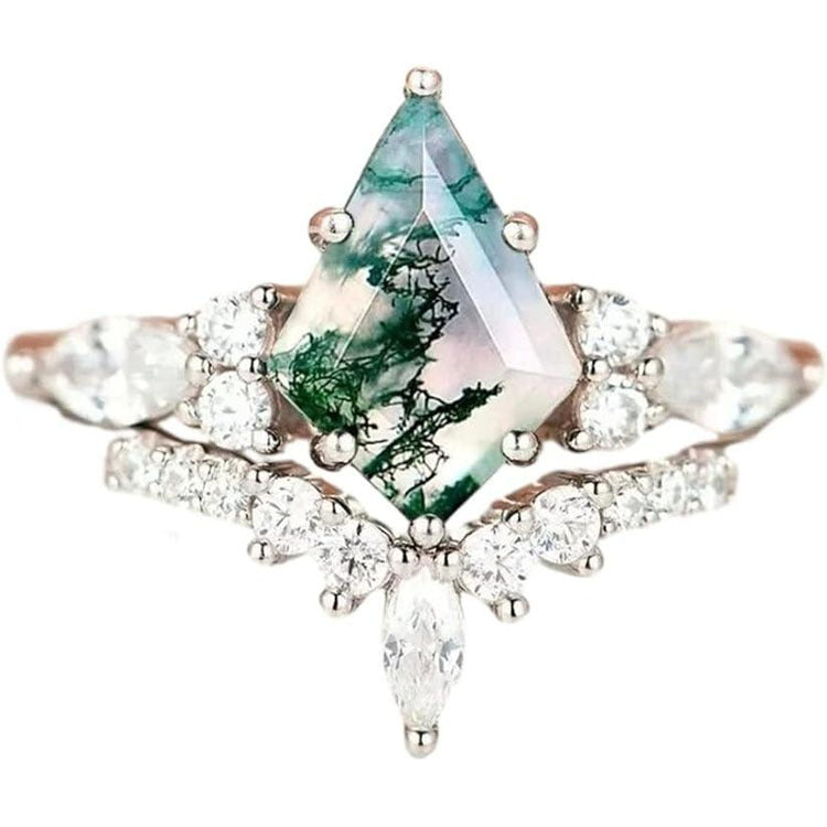 Moss Agate Engagement Ring Set Kite Cut Natural Moss Agate Bridal Ring Set Rose Gold Curved Stacking Wedding Band 2-Piece Vintage Jewelry Set for Women